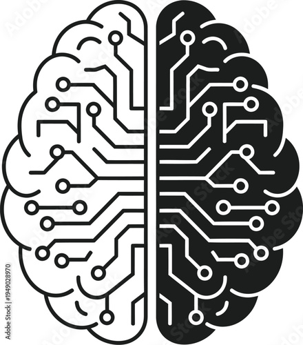 A minimalist graphic illustration of a human brain integrated with complex digital circuit board