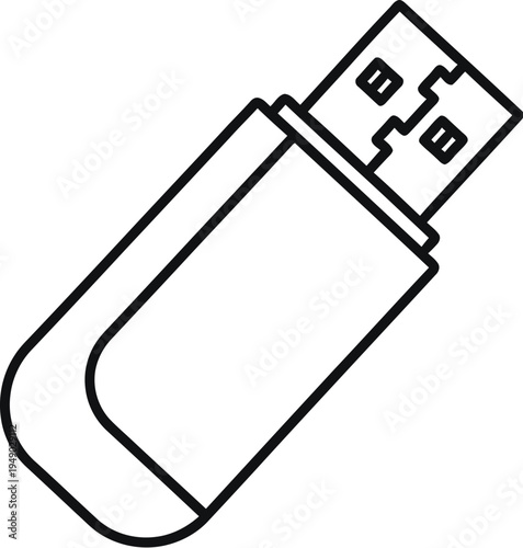 A simple black and white line art illustration of a portable usb flash drive storage device icon