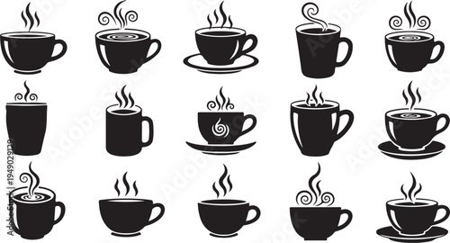 Collection of steaming coffee cups in black and white