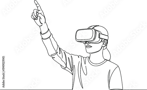 Continuous line drawing of a person wearing a virtual reality headset and pointing with finger