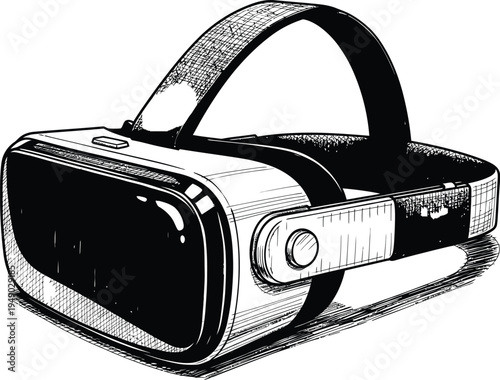 A detailed black and white line art illustration of a modern virtual reality headset device