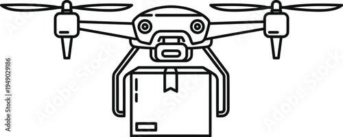 A minimalist black and white line art illustration of a delivery drone carrying a cardboard box