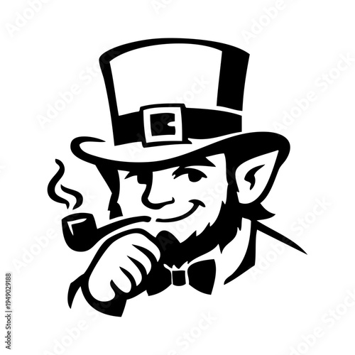 Logo con dibujo de cabeza de leprechaun sonriente con sombrero y barba fumando en pipa, para tarjetas y felicitaciones del Día de San Patricio