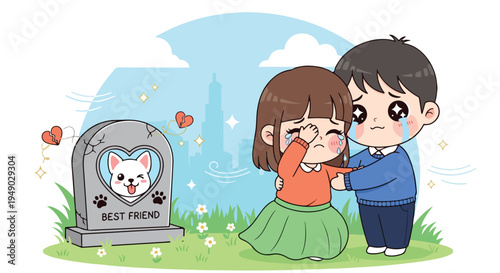 Cartoon illustration of a crying boy and girl standing beside a pet grave with a heart design in a grassy field with flowers and hearts.