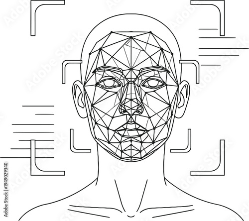 A minimalist line art illustration showing a human face with biometric facial recognition mapping