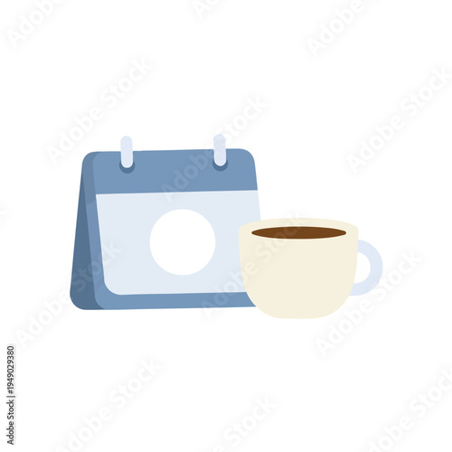 A minimalist vector illustration features a light blue desk calendar and a beige coffee mug, symbolizing daily planning and a morning routine.