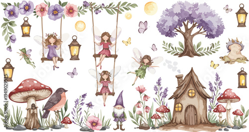 Whimsical illustration of fairy tale creatures and flowers in a magical forest scene with mushrooms and lanterns