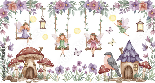 Whimsical illustration of children on swings amidst flowers and mushrooms in a magical garden scene with a bird and fairy house
