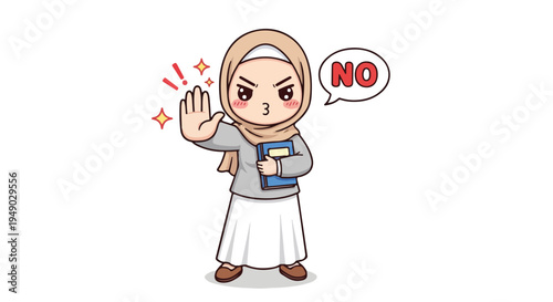 Cartoon illustration of a woman wearing a hijab holding a book and gesturing no with a speech bubble on a white background with a serious expression.