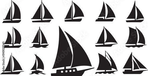 Sailboats on Water in Various Angles and Positions Silhouette