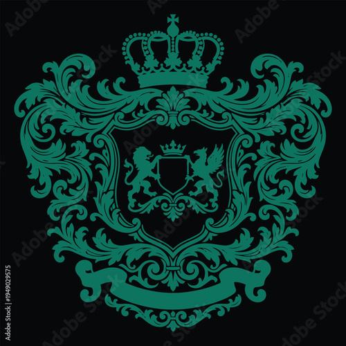 Elegant vintage heraldic ornament with decorative floral scroll elements. Classic baroque style vector design isolated on white background, perfect for luxury branding, certificates, i