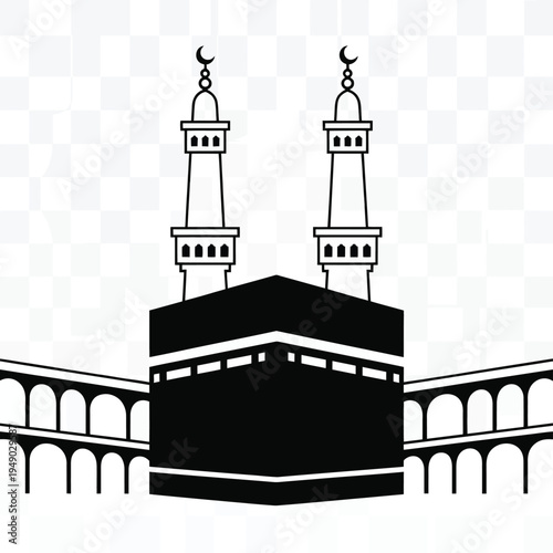 Black and white of the kaaba with two minarets and crescents mosque islam