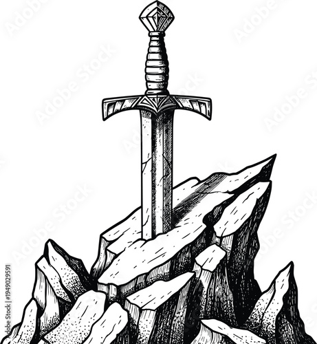 Sword in stone illustration, Arthurian legend artwork, fantasy vector design, bold graphic icon, black white mythical symbol