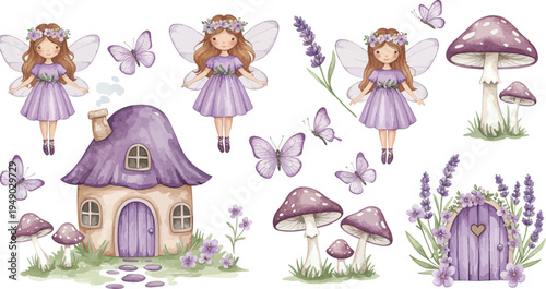 Whimsical illustration of fairies butterflies and mushrooms in a garden with a small house and purple flowers