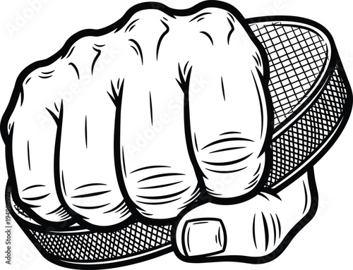 Hockey fist illustration, sports power artwork, determination vector design, bold graphic icon, black white puck symbol
