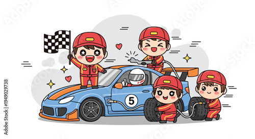 Cartoon illustration of four cheerful racing mechanics celebrating with a blue race car, checkered flag, and tire, conveying a joyful mood.
