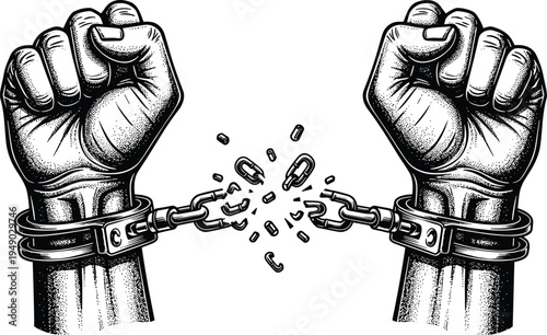 Freedom handcuffs illustration, liberation empowerment artwork, resistance vector design, bold graphic icon, black white justice symbol