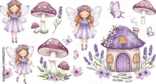 Whimsical fairy illustrations with mushrooms and lavender flowers in purple hues