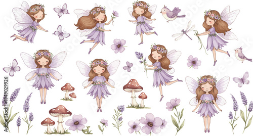 Whimsical illustrations of girls in floral dresses with flowers and mushrooms