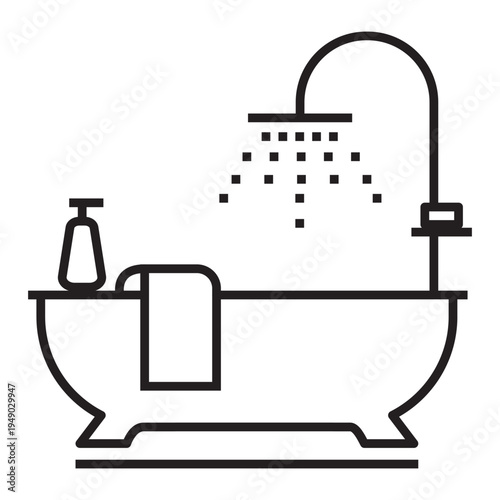 Bathroom line icon isolated on transparent background. Shower room, bath with bubbles icon. Hygiene and home interior symbol for cleaning service shower, or bath design. 