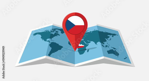 Illustration of a red location pin on a folded world map highlighting Czech Republic against a clean white background.