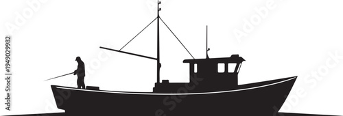 Vector silhouette of a fishing boat with a fisherman