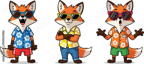 Three cartoon foxes in sunglasses and casual summer clothing