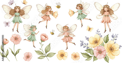 Whimsical illustration of fairies surrounded by colorful flowers and lush greenery in a vintage style fantasy setting