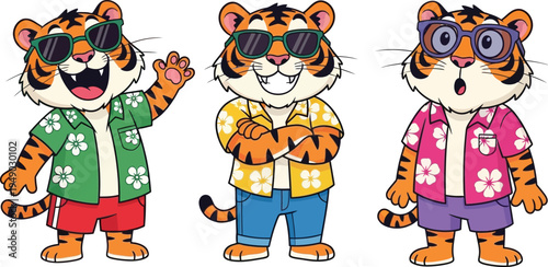 Three cartoon tigers in colorful outfits and hawaiian shirts