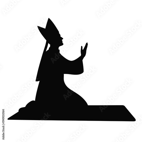 Black silhouette of a person kneeling and praying with hands raised and wearing a tall hat