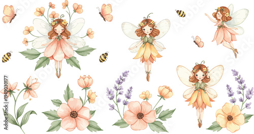 Whimsical watercolor fairies surrounded by flowers and bees in a garden scene with soft peach and purple hues