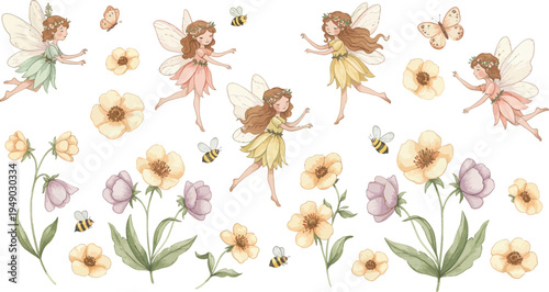 Whimsical illustration of fairies dancing among colorful flowers and butterflies in a garden