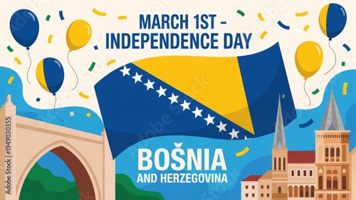 Bosnia and herzegovina independence day celebration with flag balloons and architecture