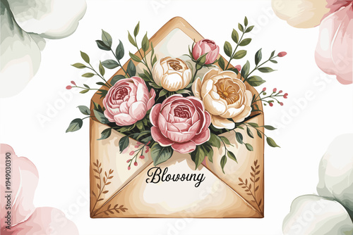 Tableau sur toile Envelope with Beautiful Flower Bouquet Illustration, Romantic Floral Greeting Co