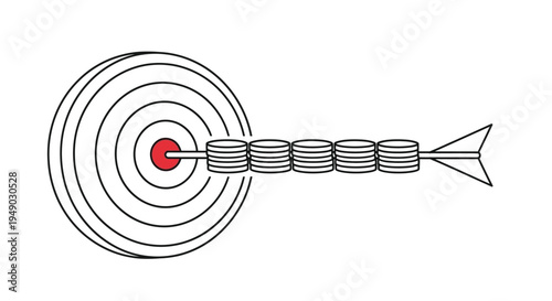 Bullseye target with arrow hitting center in black and white illustration with red accent for business success Isolated on white background