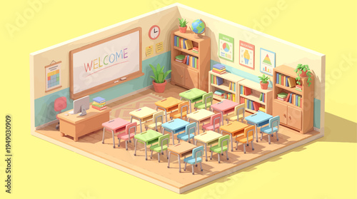 Vibrant Isometric Low-Poly Classroom Interior Illustration for Educational Themes and Learning Environment Concepts with Modern Design