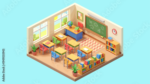 Vibrant isometric low poly 3D illustration of an empty modern classroom interior, featuring desks, chairs, blackboard, globe, and educational supplies, perfect for learning and school concepts