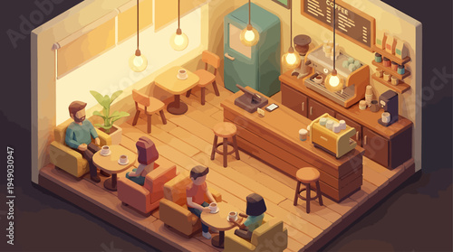 Cozy isometric coffee shop interior with customers enjoying their drinks and ambiance