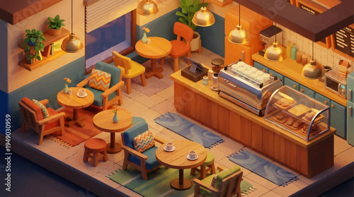 Cozy Isometric Coffee Shop Interior Design With Warm Lighting And Comfortable Seating - Perfect For Relaxing Or Working