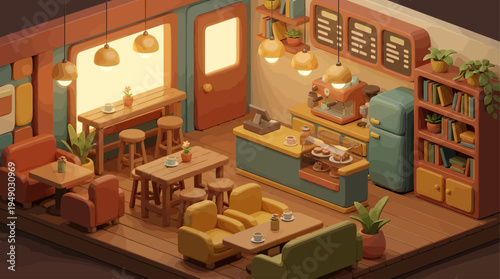 Cozy isometric coffee shop interior with warm lighting, comfortable seating, and shelves stocked with books and plants