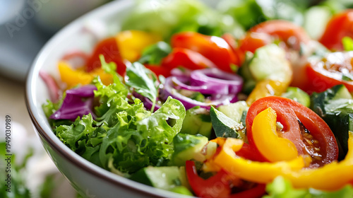 Close-up of healthy salad bowl with colorful vegetables