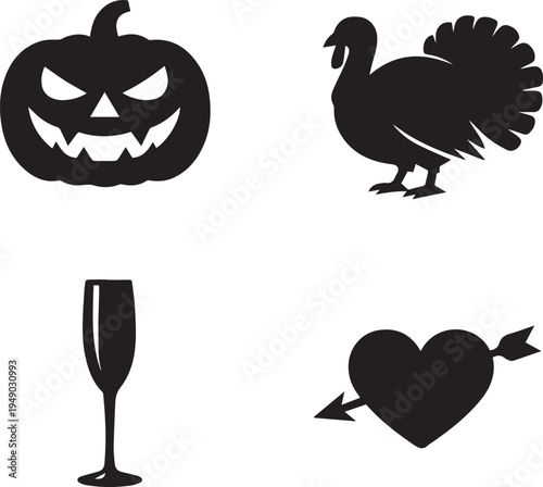 Holiday Silhouette Icon Set Pumpkin Turkey Champagne Glass Heart Arrow Black Vector Collection