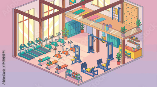 Vibrant and spacious modern gym interior with diverse fitness equipment and natural light creating an inviting atmosphere for workouts