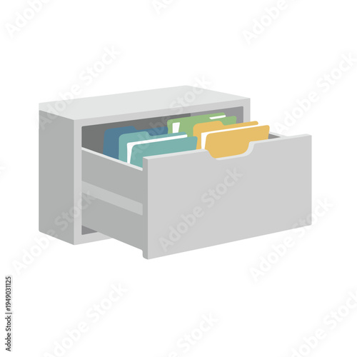 A simple vector illustration depicts an open light grey filing cabinet drawer, neatly filled with an assortment of colorful paper file folders.