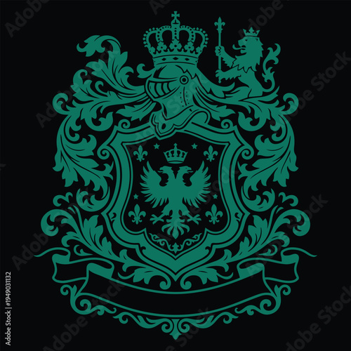 Elegant vintage heraldic ornament with decorative floral scroll elements. Classic baroque style vector design isolated on white background, perfect for luxury branding, certificates, i