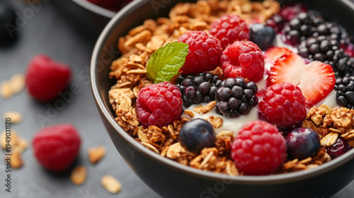 Close-up of healthy breakfast bowl with granola and berries