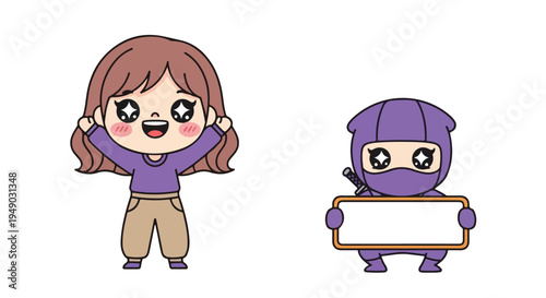 Cartoon girl and ninja character holding a sign on a white background with purple and brown colors.