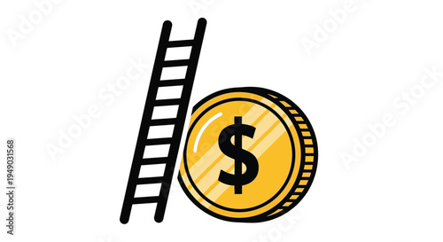 Golden coin with dollar sign and ladder in minimalist black line art for finance and investment Isolated on white background