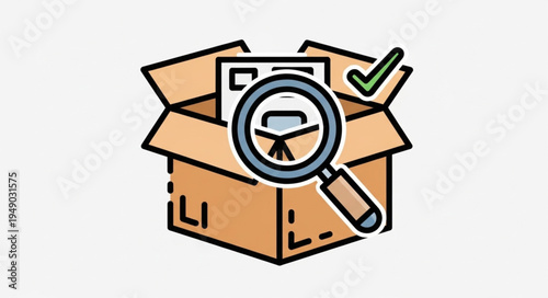 Magnifying glass over open cardboard box with documents and check mark.