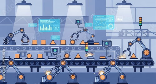 Automated Factory Production Line with Robotic Arms and Conveyor Belts.